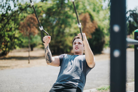 Young man exercising on outdoor gym equipment in park, focusing on fitness and strength training. Sunny day perfect for an active workout, building muscles and healthy living. Enjoyment of outdoor fitness culture.の写真素材