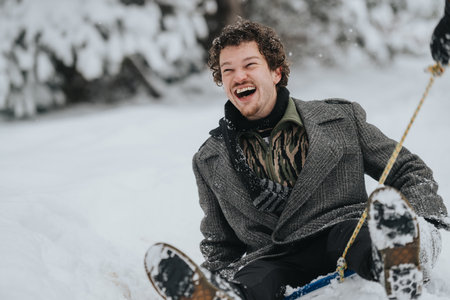 Man laughing joyfully while sledding in a snowy winter landscapeの写真素材