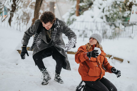 Friends enjoying a playful snow fight in a winter landscapeの写真素材