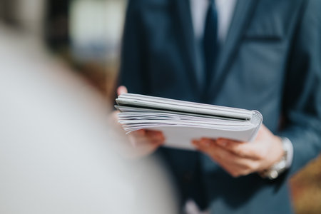 Business professional examining documents and papers during a meeting outdoorsの写真素材