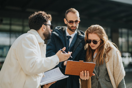 Group of business professionals reviewing documents outdoors in discussionの写真素材