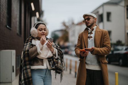 Young couple enjoying a casual outdoor walk in the cityの写真素材