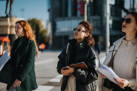 Women are discussing and reviewing documents outdoors in a city environment.の写真素材