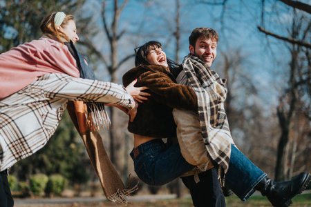 Friends playing joyfully outdoors during a crisp and sunny autumn dayの写真素材