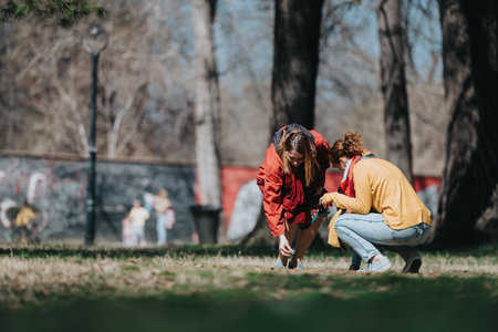 Two individuals exploring nature in a park on a sunny afternoonの写真素材