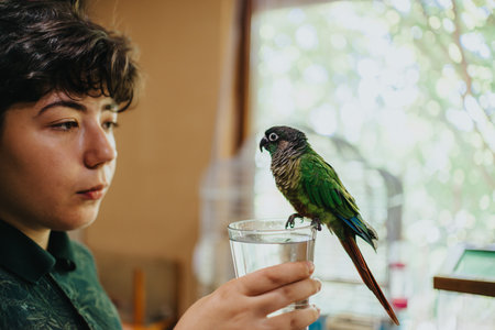 Young girl interacting with a parrot at homeの写真素材