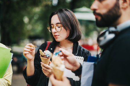 Multicultural students enjoying ice cream during a park study breakの写真素材