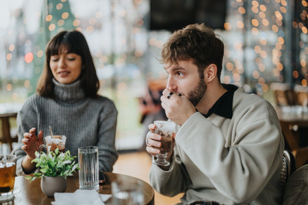 Two friends enjoying beverages together in a warmly decorated coffee shopの写真素材