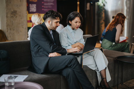 Business partners collaborating on a project in a modern office settingの写真素材
