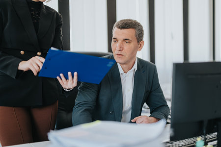 Business professionals discussing a document in an office work environmentの写真素材