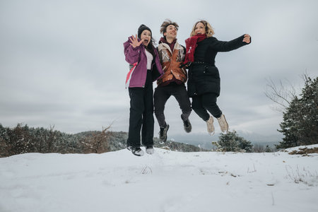 Three friends joyfully jumping on a snowy winter landscape, celebrating the season togetherの写真素材