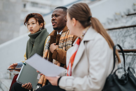 Diverse Group of Professionals Discussing Ideas in an Outdoor Setting