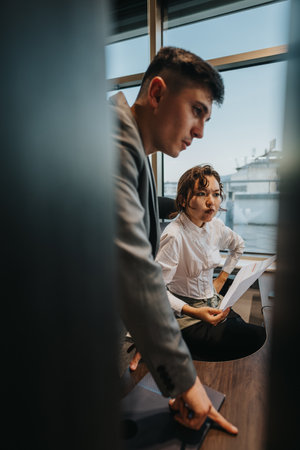 Focused business professionals analyzing documents in a modern office setting