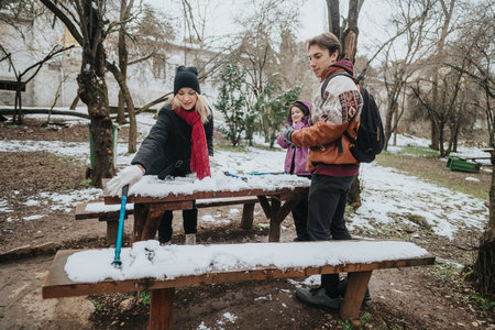 Friends enjoying a winter day cleaning snowy benches in a forest parkの写真素材