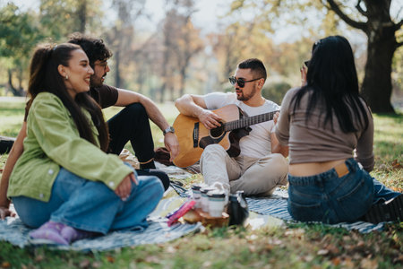 Friends enjoying a sunny day in the park with acoustic guitar and laughter, showcasing youthful energy, music, and relaxation in a natural setting for memorable social experiences and bonding moments.の写真素材
