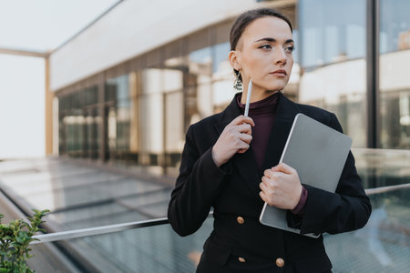 Confident Businesswoman Holding Tablet and Pen Outdoors Near Office Buildingの写真素材