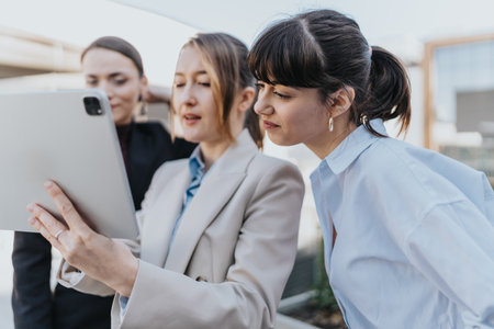 Three female professionals collaborating outdoors using a digital tabletの写真素材