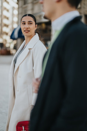 Young people interacting outdoors in a modern urban settingの写真素材