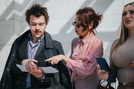 Multicultural business team collaborates in sunlit urban settingの写真素材