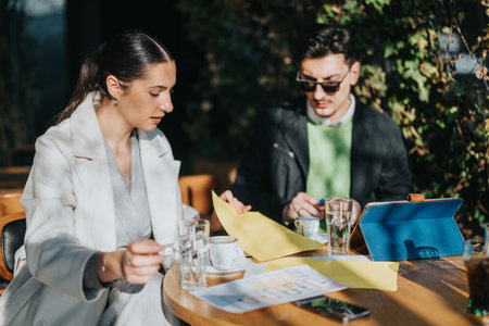 Two colleagues discussing work during an outdoor business meeting