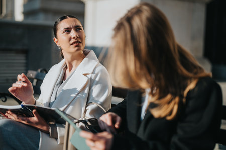 Woman taking notes while having a conversation with a colleague outdoorsの写真素材