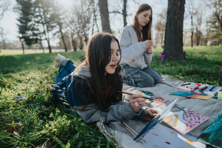 Two girls enjoying outdoor painting in a sunny park setting.の写真素材
