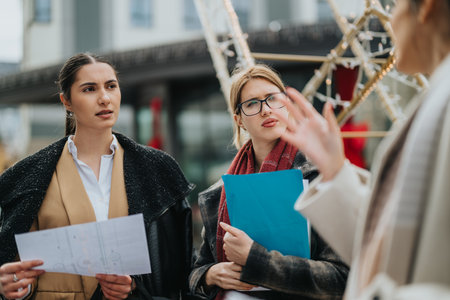Three businesswomen discussing plans together outdoors during a professional meeting