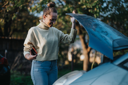 Woman opening car hood in backyard on a sunny day