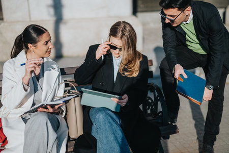 Young business team collaborating in an outdoor meeting on a sunny day