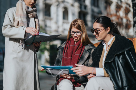 Group of professional women collaborating outdoors with documentsの写真素材