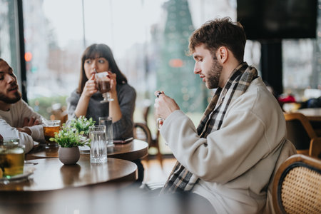 Group of friends enjoying a casual cafe meet up during winter seasonの写真素材