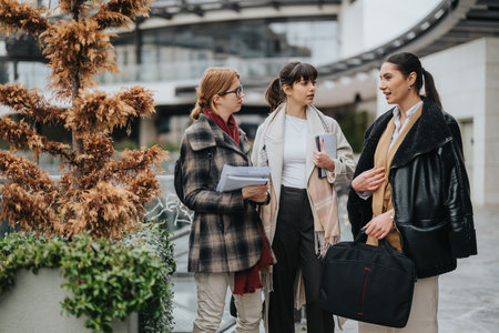 Three women discussing documents outdoors in a modern urban settingの写真素材