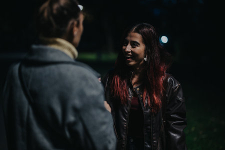 Two women talking and smiling outdoors during the eveningの写真素材