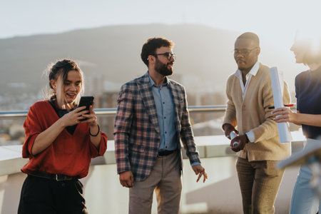 A group of multiracial, business colleagues celebrates a success with music and dance on a high balcony at sunset, capturing a joyful and vibrant atmosphere.の写真素材