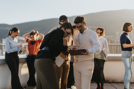 A diverse group of business colleagues standing on a rooftop, discussing project solutions and...