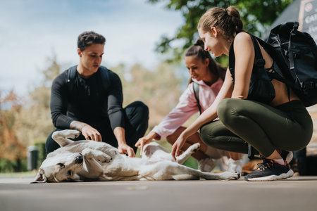 Group of Friends Interacting with a Dog During a Park Outingの写真素材