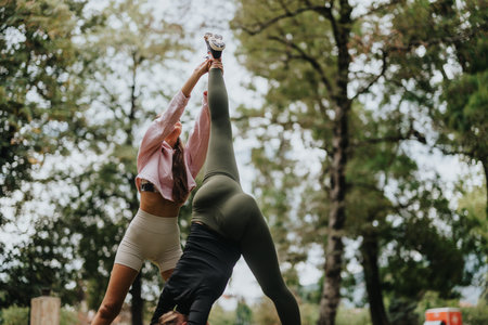 Two women practicing yoga poses outdoors among green trees