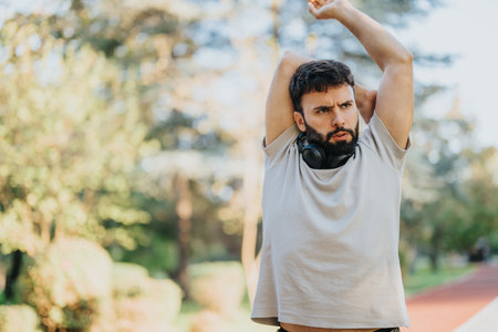 Man stretching outdoors with headphones in a sunny park environment