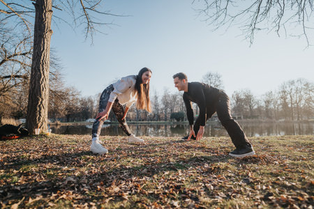 A couple stretching in a park on a sunny day by a serene lake, illustrating fitness and outdoor...