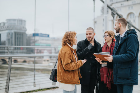 Group of people engaged in a friendly conversation outdoors near an urban background