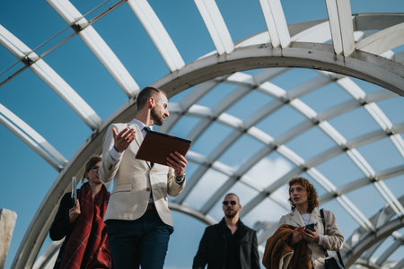 Group of business professionals collaborating outdoors under a modern glass roofの写真素材
