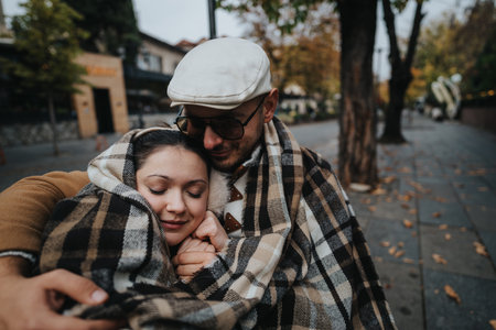 Couple embracing warmly under a cozy blanket in an outdoor settingの写真素材