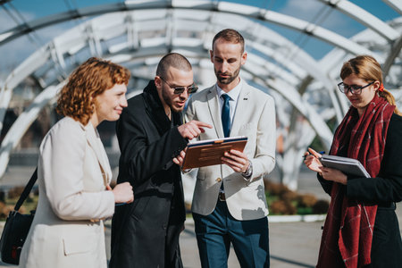 Group of business professionals discussing ideas outdoors during a collaborative meeting