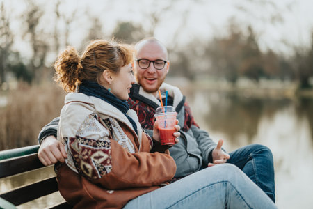 Couple enjoying beverages while sitting on a park bench by the waterの写真素材