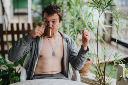 Young man enjoys morning coffee while smoking in a gardenの写真素材