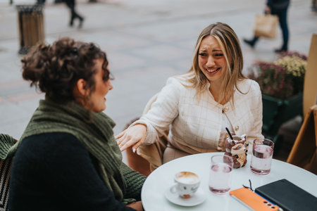 Two Friends Enjoying Coffee Together at a Cozy Outdoor Cafeの写真素材