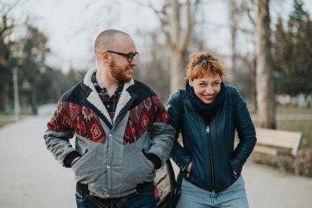 Cheerful friends walking together in a park during a cool dayの写真素材