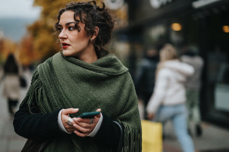 Young Woman Outdoors Holding Smart phone with Autumn Street in Background