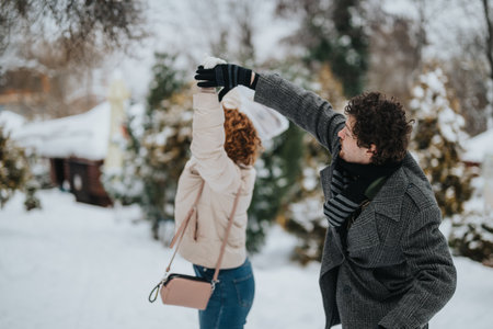 Friends enjoying a playful moment together outdoors during a snowy winter dayの写真素材