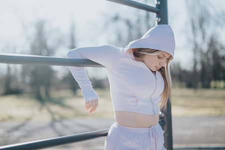 Young woman exercising outdoors wearing a hoodie on a bright day